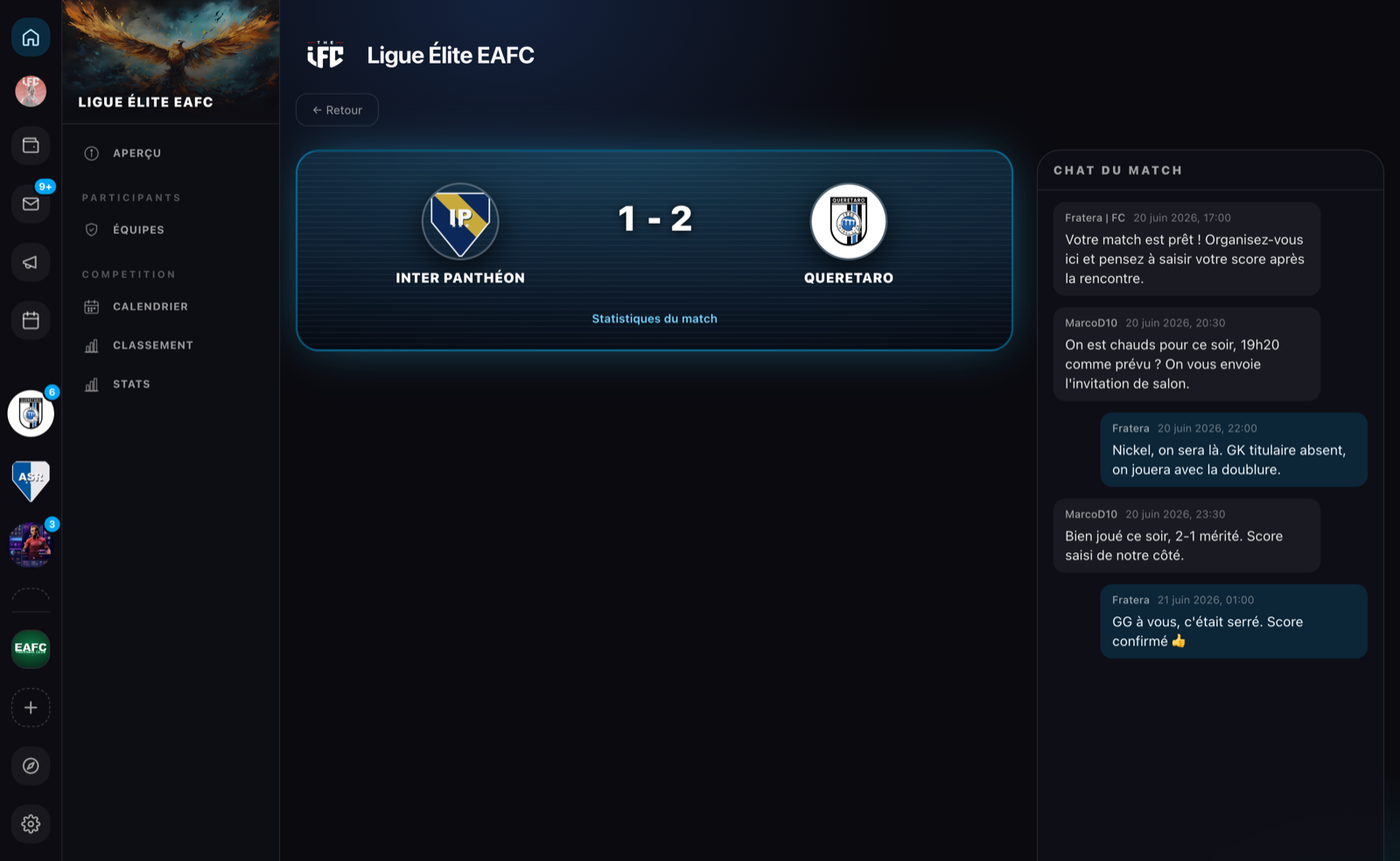 La page d'un match : affiche des équipes, saisie du score et chat du match